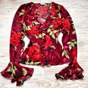 Cache Sheer Rose Blouse Ruffle Bell Sleeve Romantic Goth Y2K Top Vintage XS Silk